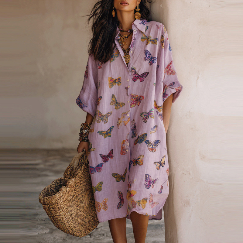 Butterfly Print V-Neck Midi Dress with Three-Quarter Sleeves