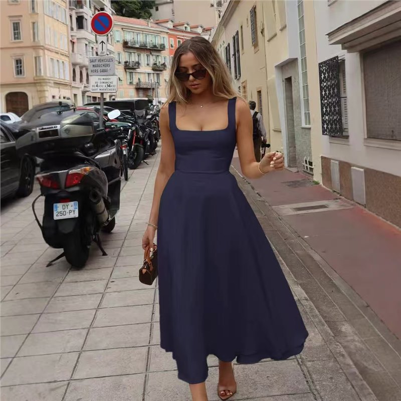 Women's Wide Strap Square Neck A-Line Midi Dress with Adjustable Waist