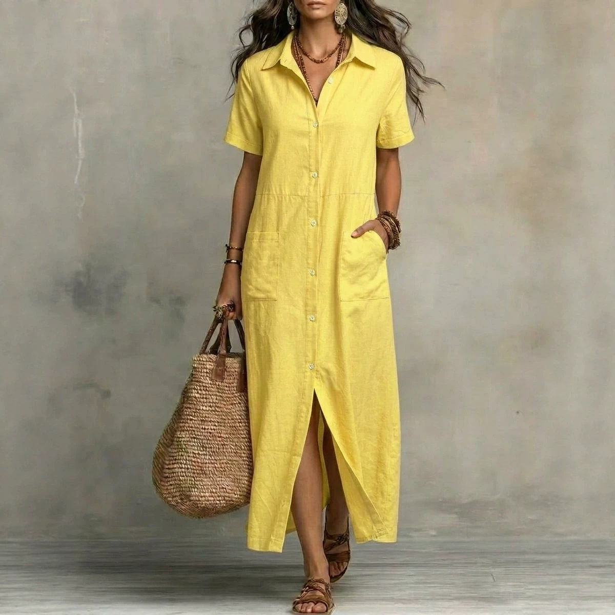 Women's Button-Front Short-Sleeve Casual Dress with Pockets