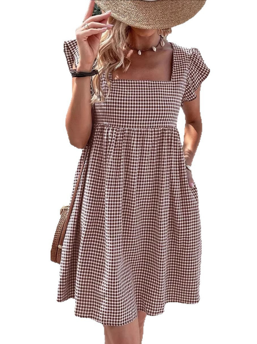 Ruffle Sleeve Square Neck Plaid High Waist Dress