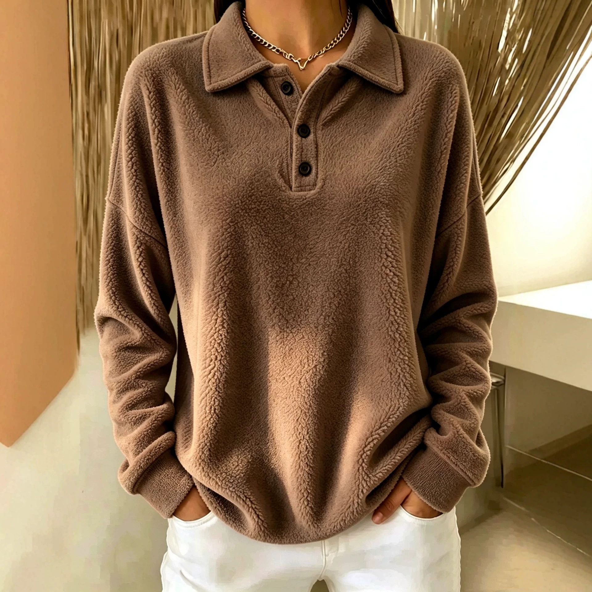 Fleece Buttoned Collar Long Sleeve Pullover Sweatshirt for Women