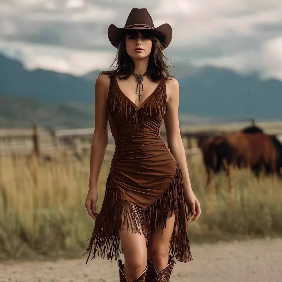 Retro Western Fringe Deep V-Neck Sleeveless Bodycon Cami Dress