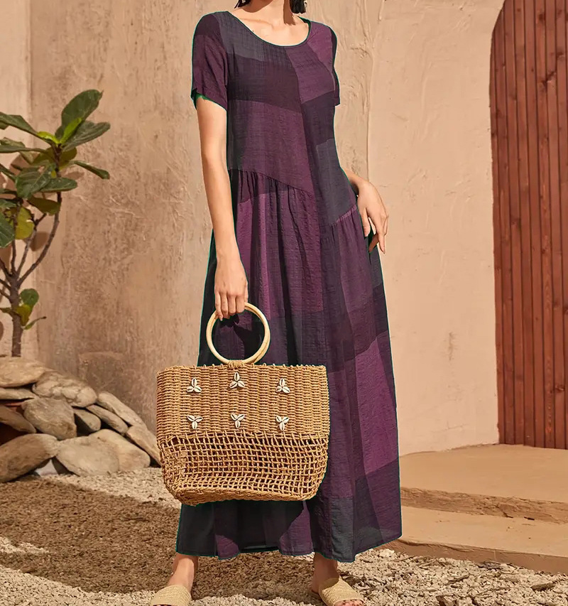 Retro Plaid Print Patchwork Loose Waist Long Dress
