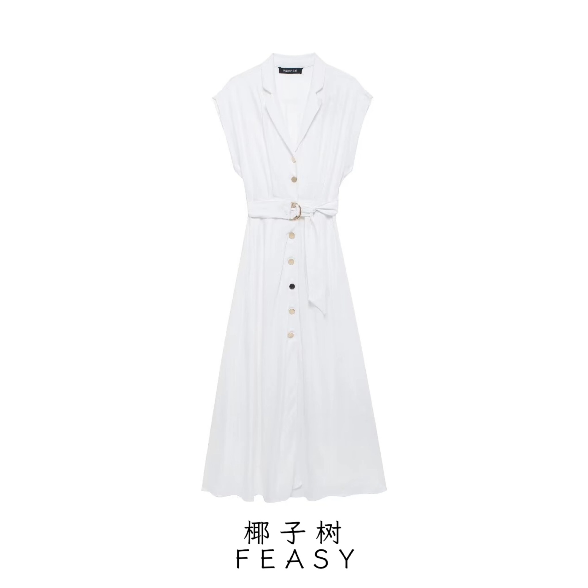 Women's Belted Shirt Dress V-Neck Short Sleeve A-Line Midi