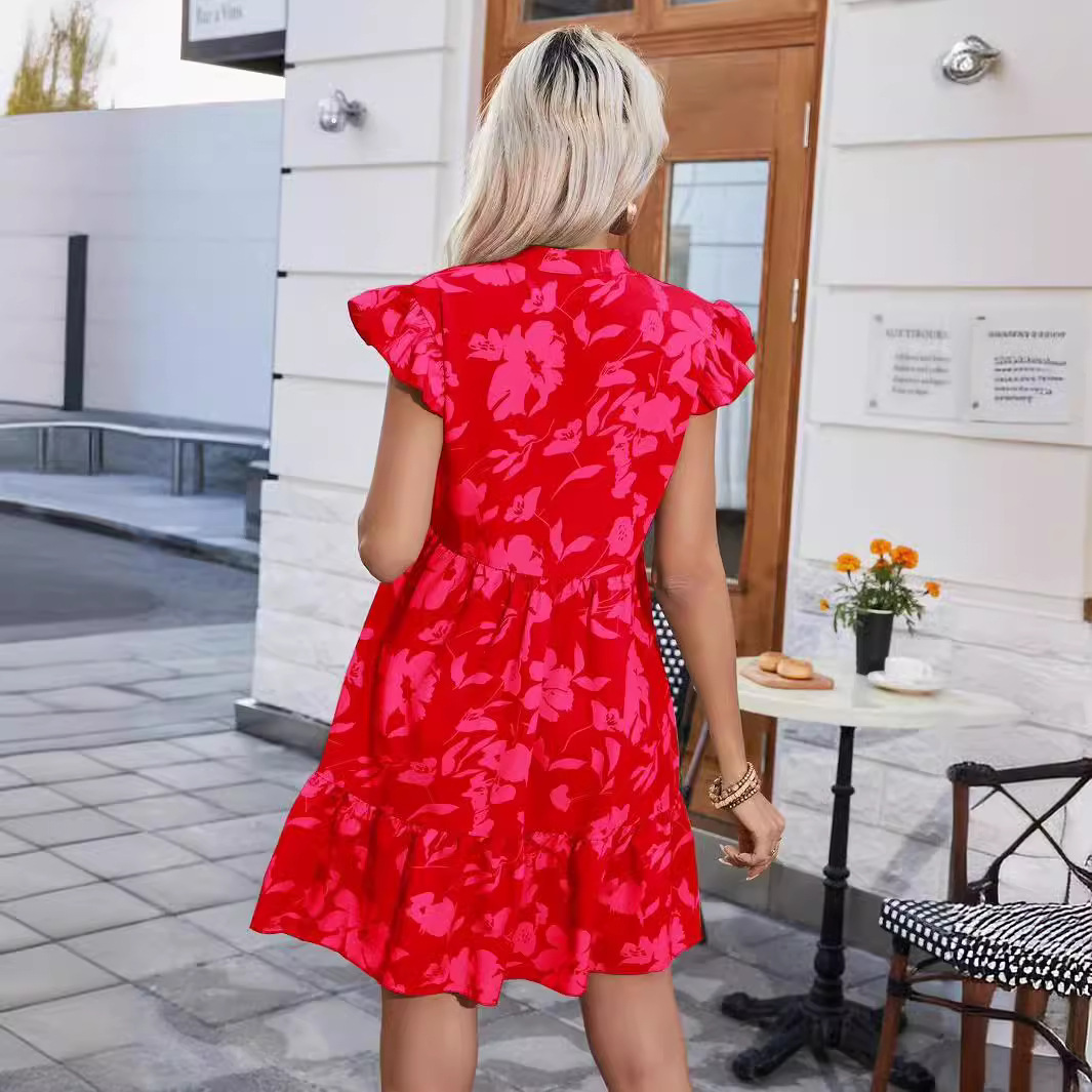 Ruffled Sleeve Loose V-Neck Printed Midi Dress