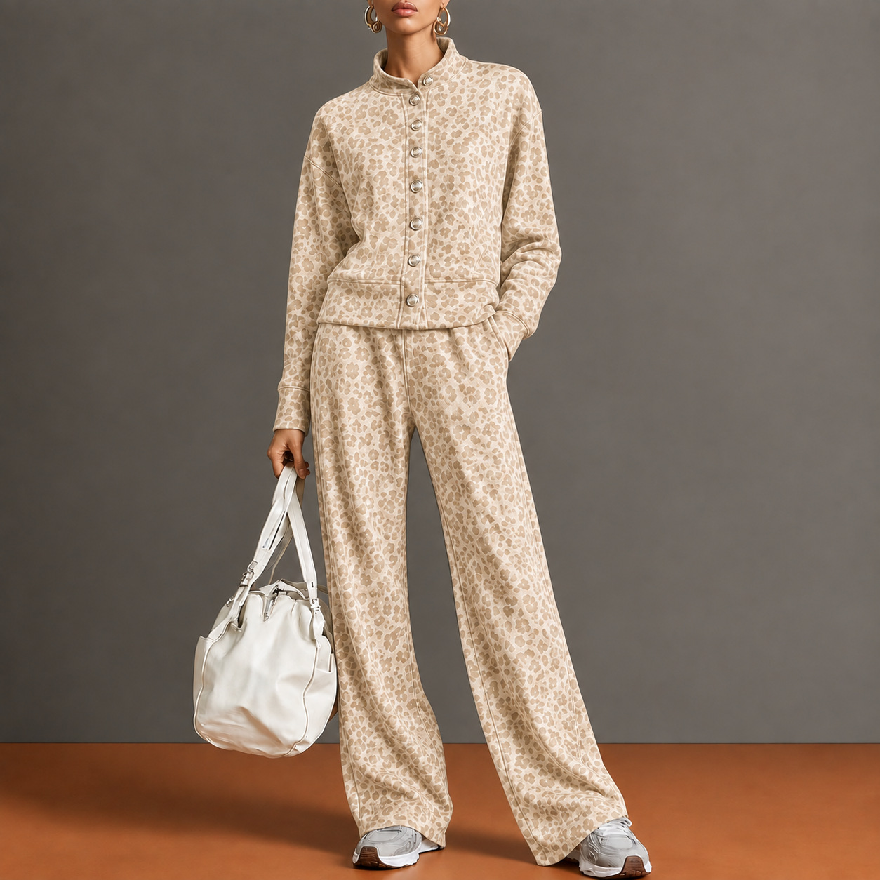 2026 Fall/Winter European and American Cross-Border Women's Vintage Leopard Print Stand Collar Single-Breasted Jacket Wide-Leg Pants Casual Set for Women