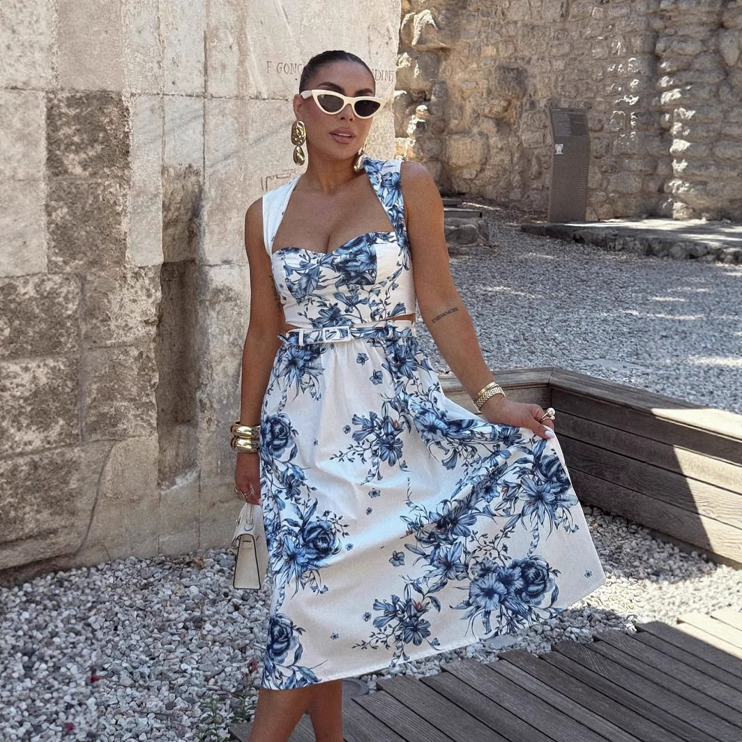 Women's Floral Print Halter Neck Dress Set
