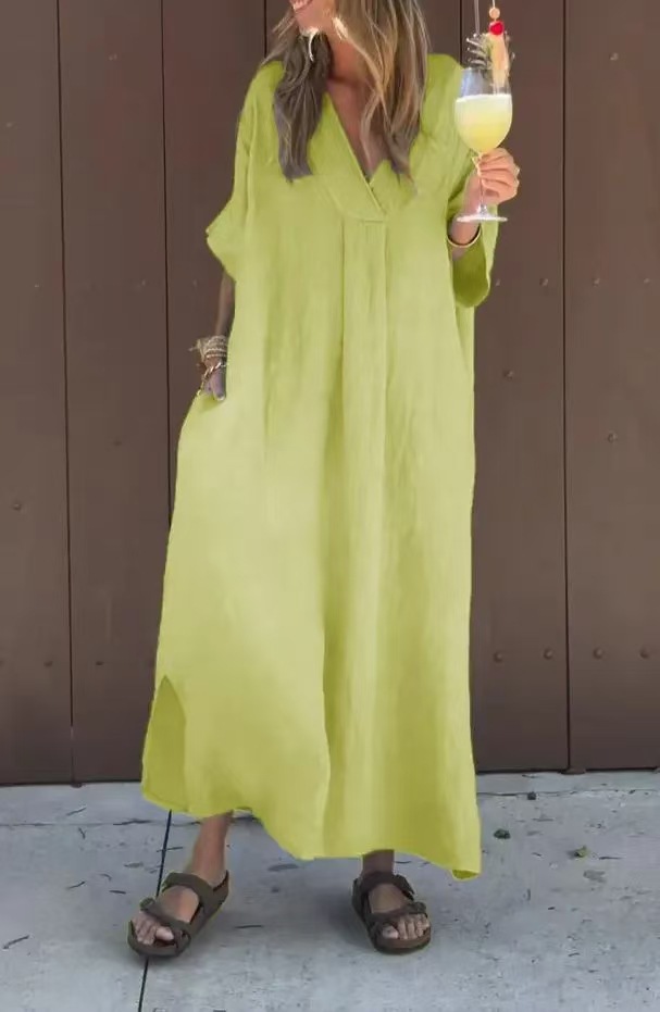 Washed Cotton V-Neck Short Sleeve Midi Dress Casual