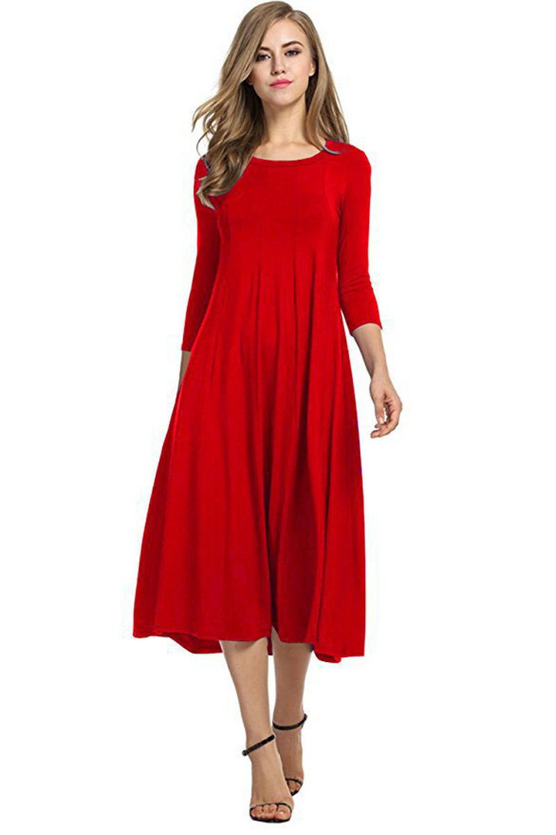 Women's Solid Color Flared Maxi Dress Round Neck Half Sleeve