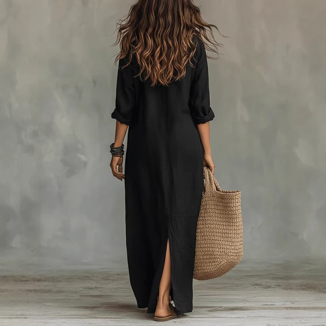 V-Neck Linen-Blend Cardigan Dress with Slit