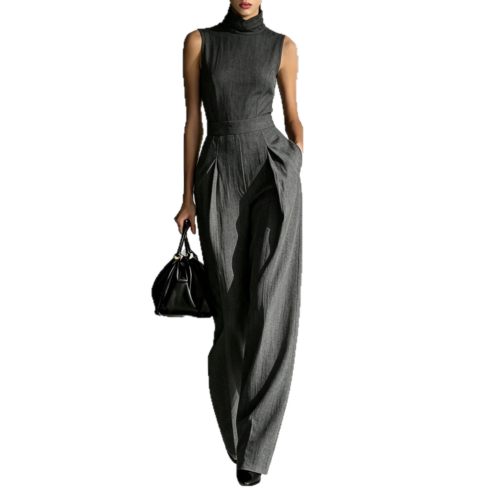 Sleeveless High Neck Wide Leg Jumpsuit with Cinched Waist