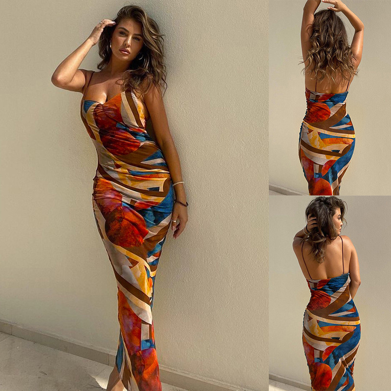 Women's Floral Print Split-Back Strapless Bodycon Cami Dress