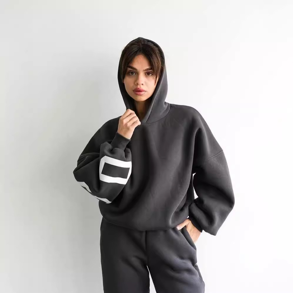 Women's Loose Back Print Hooded Sweatshirt and Pants Set