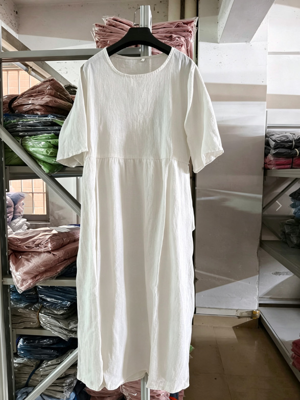 Cotton-Linen Short Sleeve Pocket Pleated Loose Round Neck Dress
