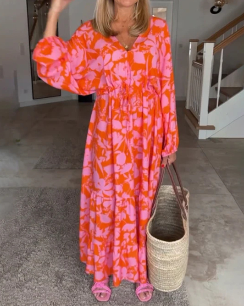 Women's Printed V-Neck Long Sleeve Loose Casual Dress