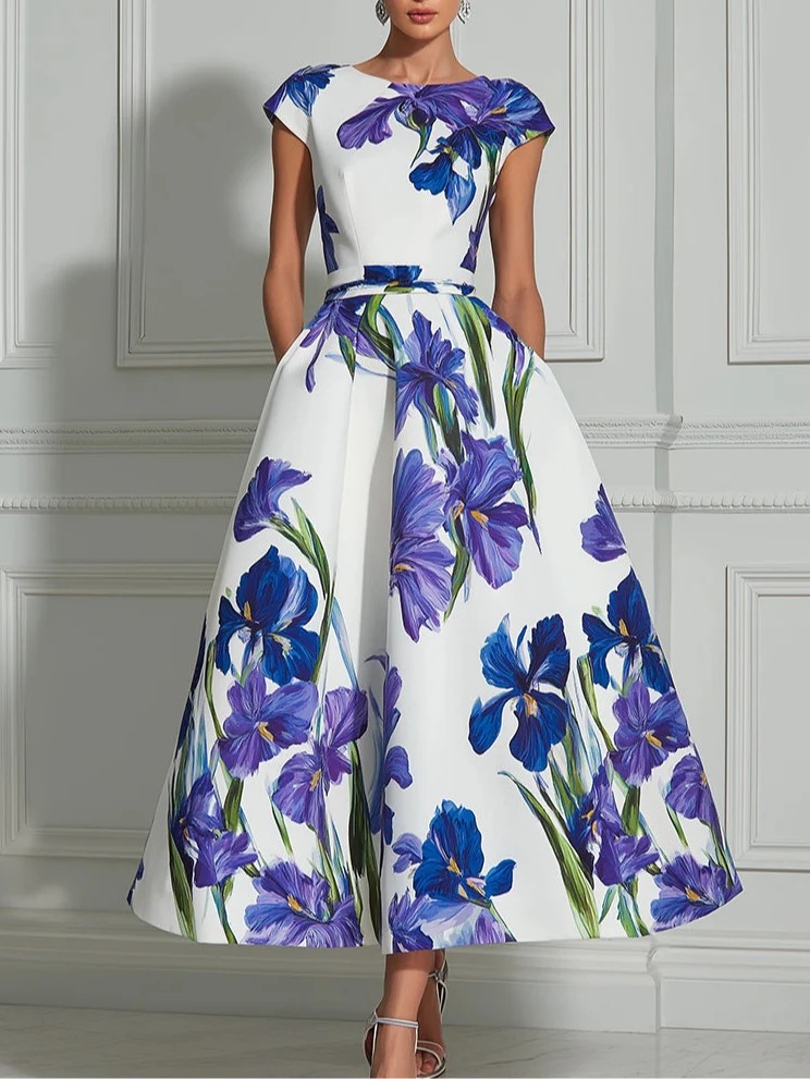 Blue and White Porcelain Print Crew Neck Long Dress