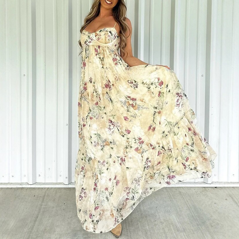 Women's Strapless Floral Print Maxi Dress High Waist Backless Slit