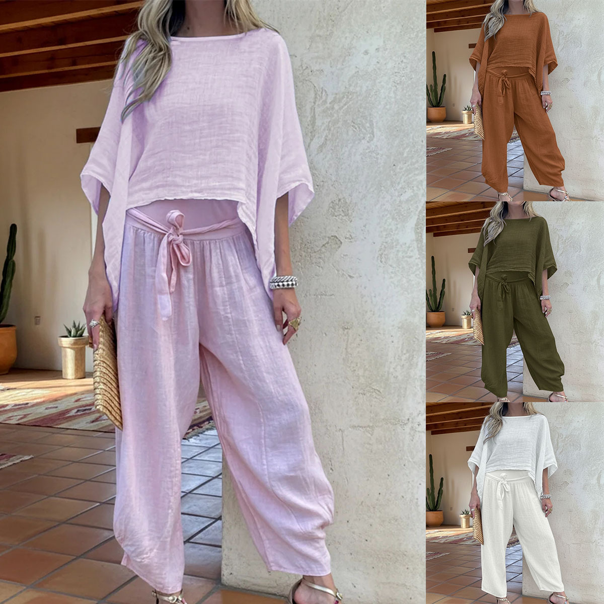 Women's Solid Color Tie Shirt and High-Waist Straight-Leg Pants Set