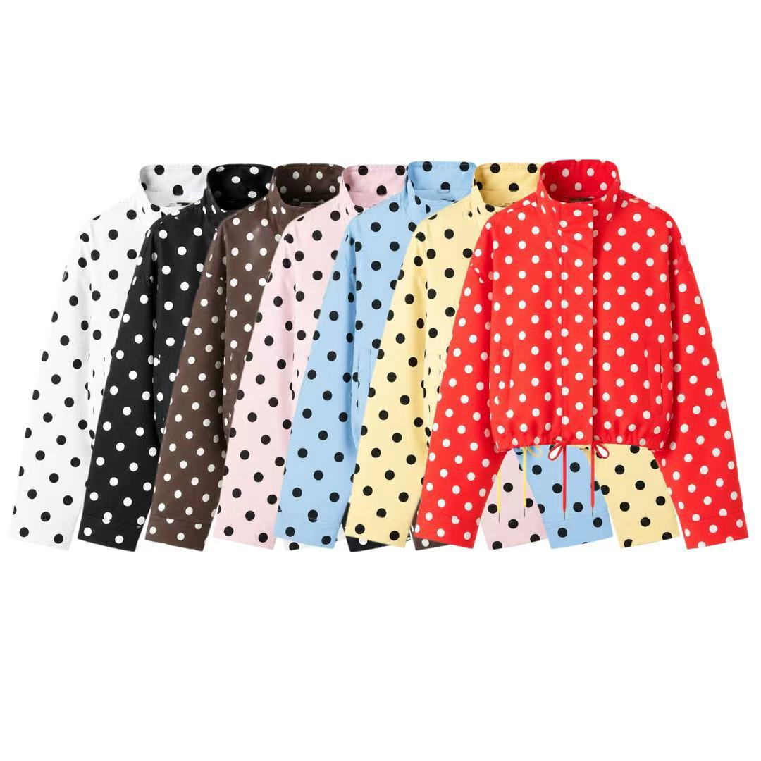 Women's Polka Dot Zip-Up Jacket with Drawstring Stand Collar