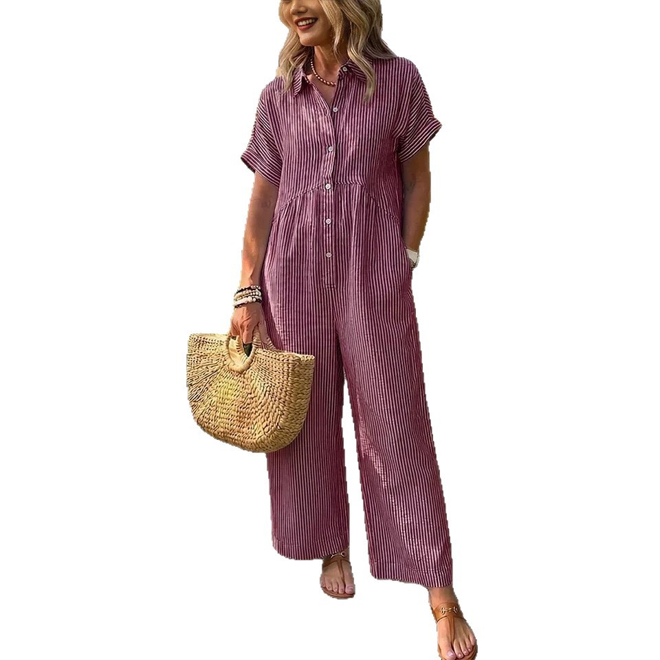 Striped Collared Button-Front Wide-Leg Jumpsuit for Women Summer Vacation