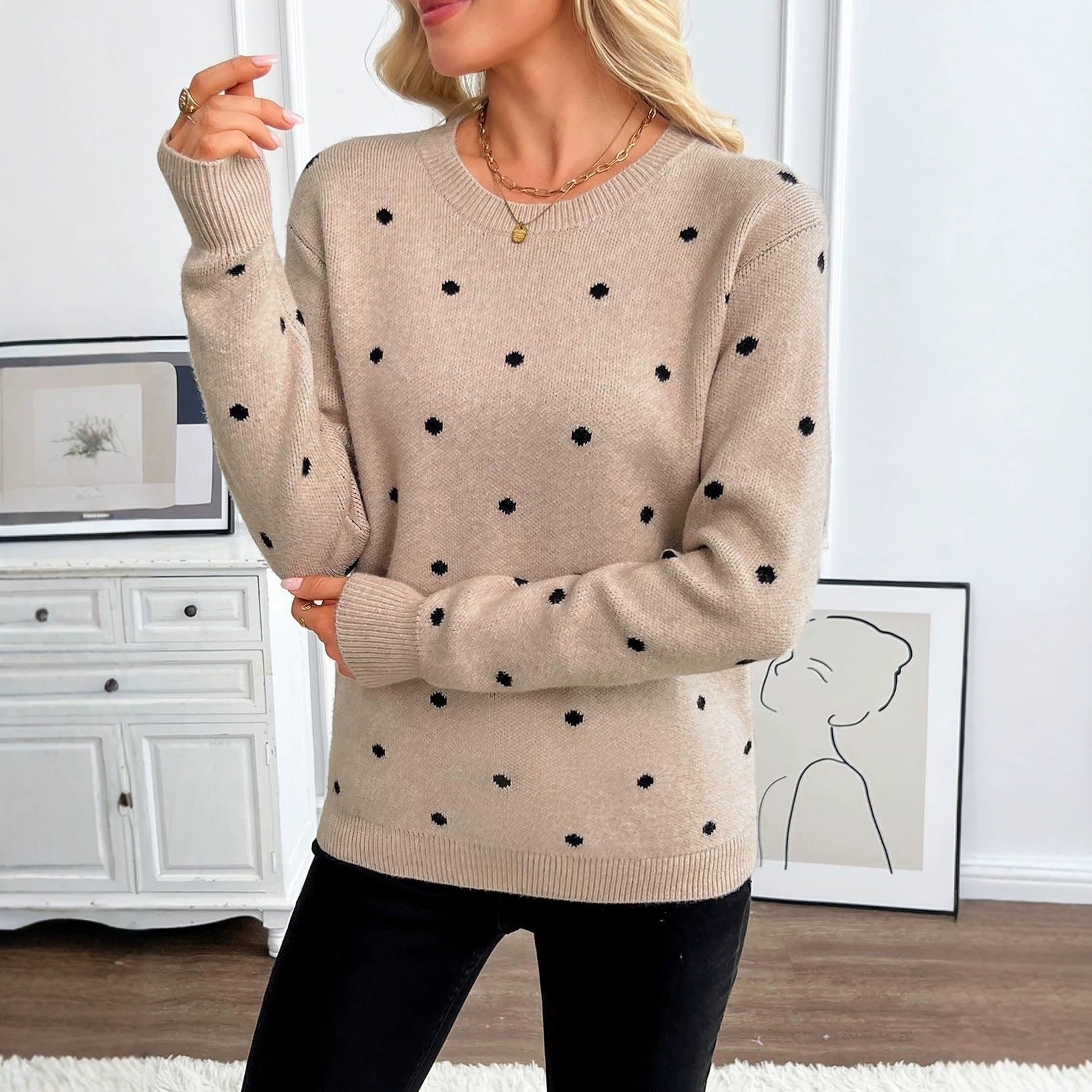 Women's Polka Dot Jacquard Knit Crewneck Pullover Sweater
