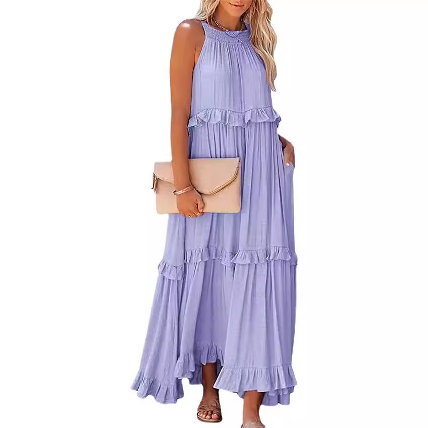 Ruffled Long Vacation Dress with Flowy Maxi Skirt