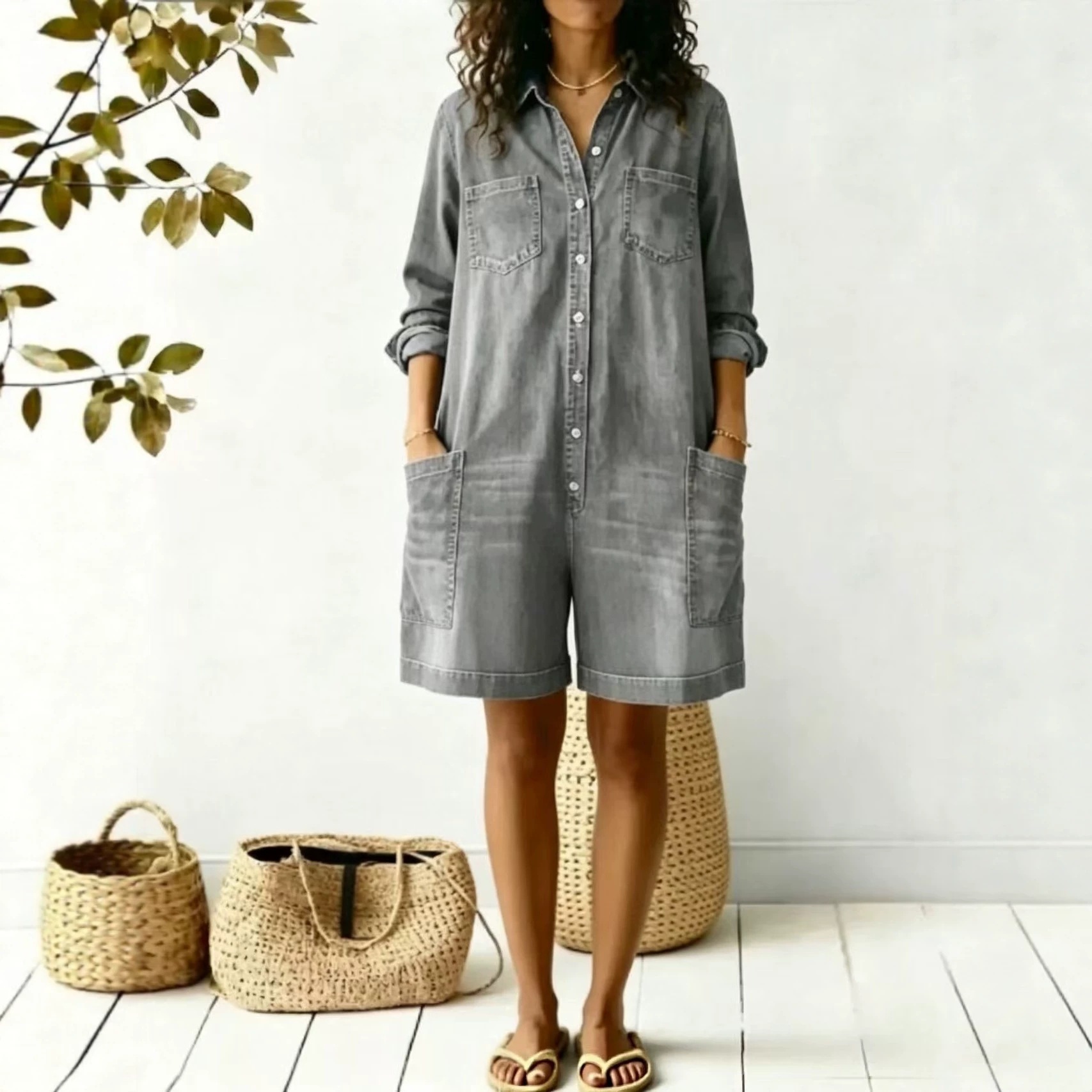 Women's Loose Faux Denim Romper Long Sleeve Casual Dress