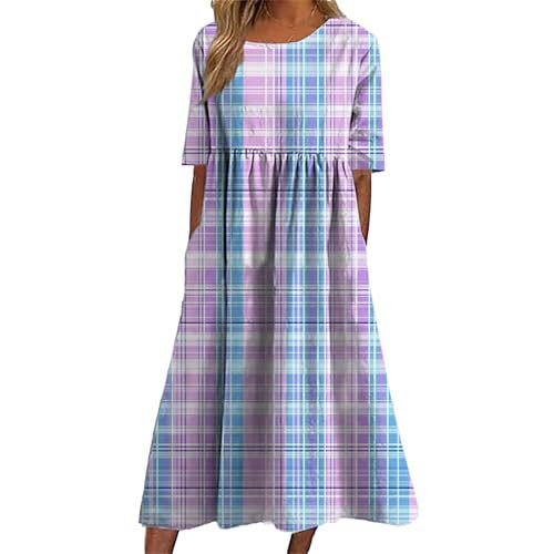 Women's Plaid Color-Block Floral Midi Dress with Pleated Details