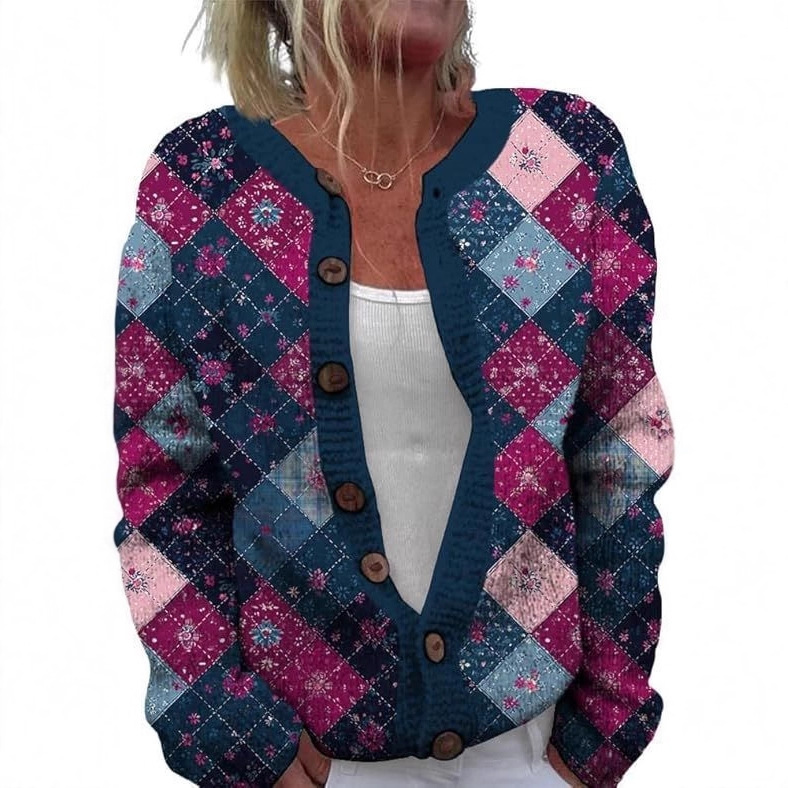 Women's Heart Print Button Cardigan Sweater