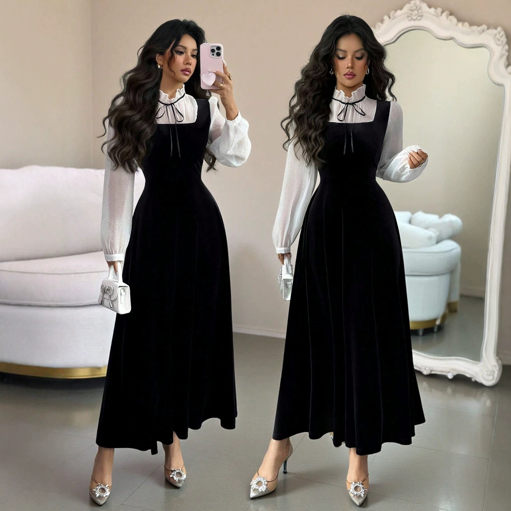 Elegant Hepburn-Style Dress with Ruffle Trim Neckline and Puff Sleeves