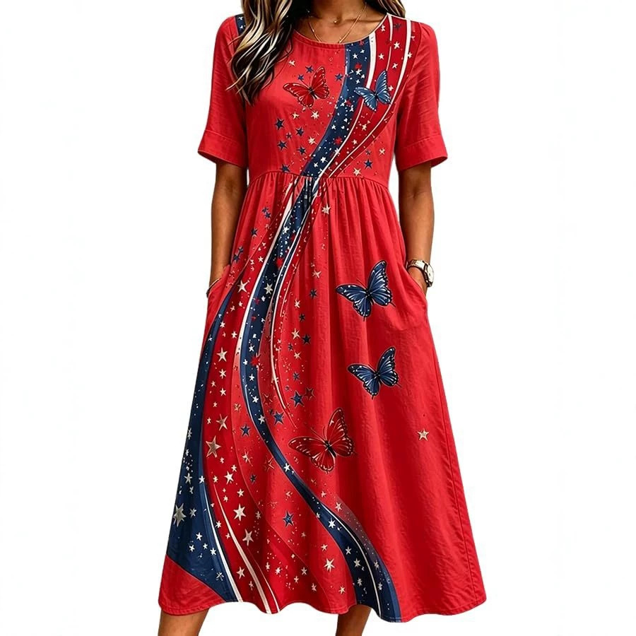 Women's Floral Butterfly Print Pleated Midi Dress