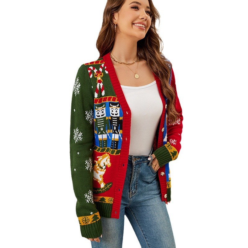 Christmas Color-Block Jacquard Knit Cardigan