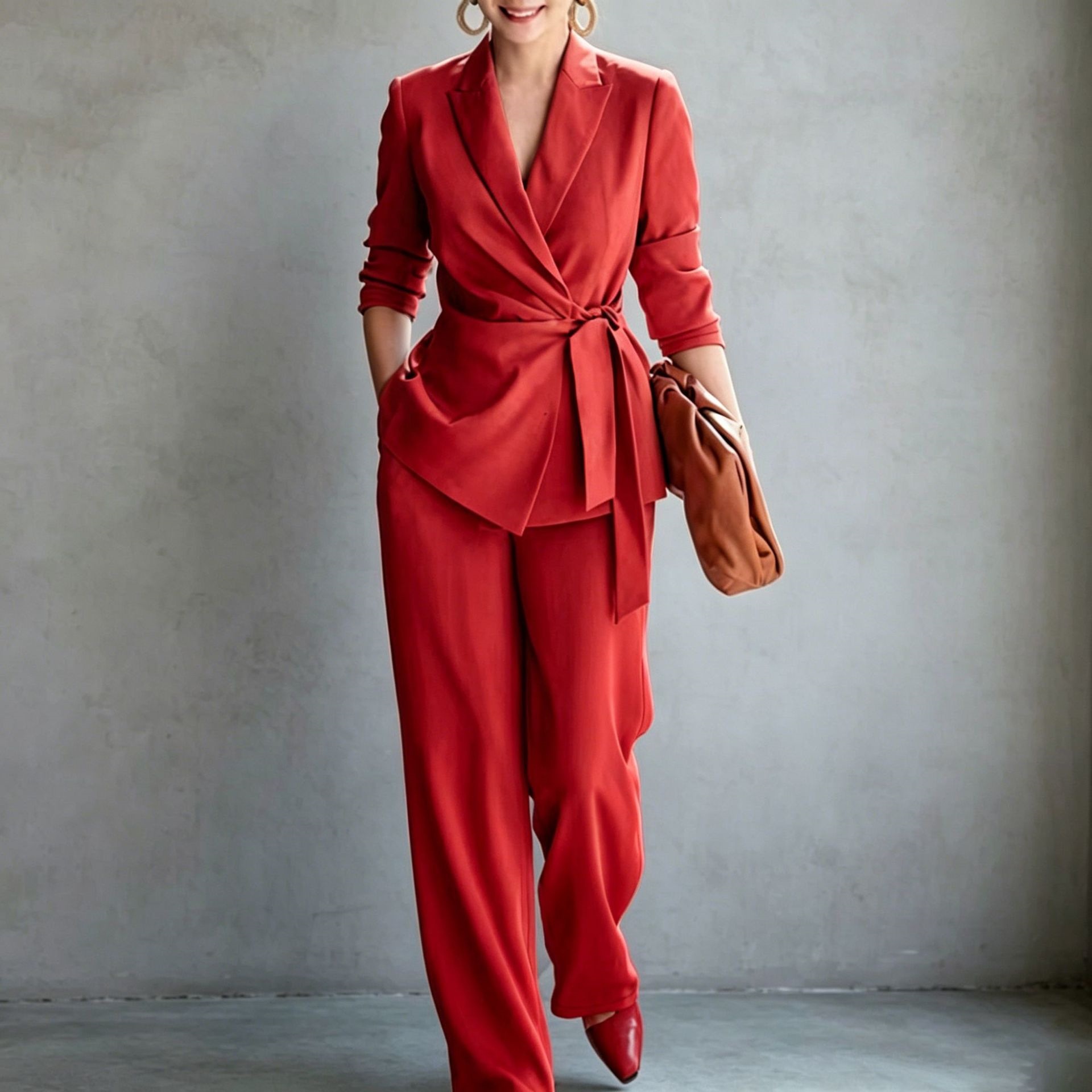 Women's Solid Color Belted Blazer and Pants Two-Piece Set