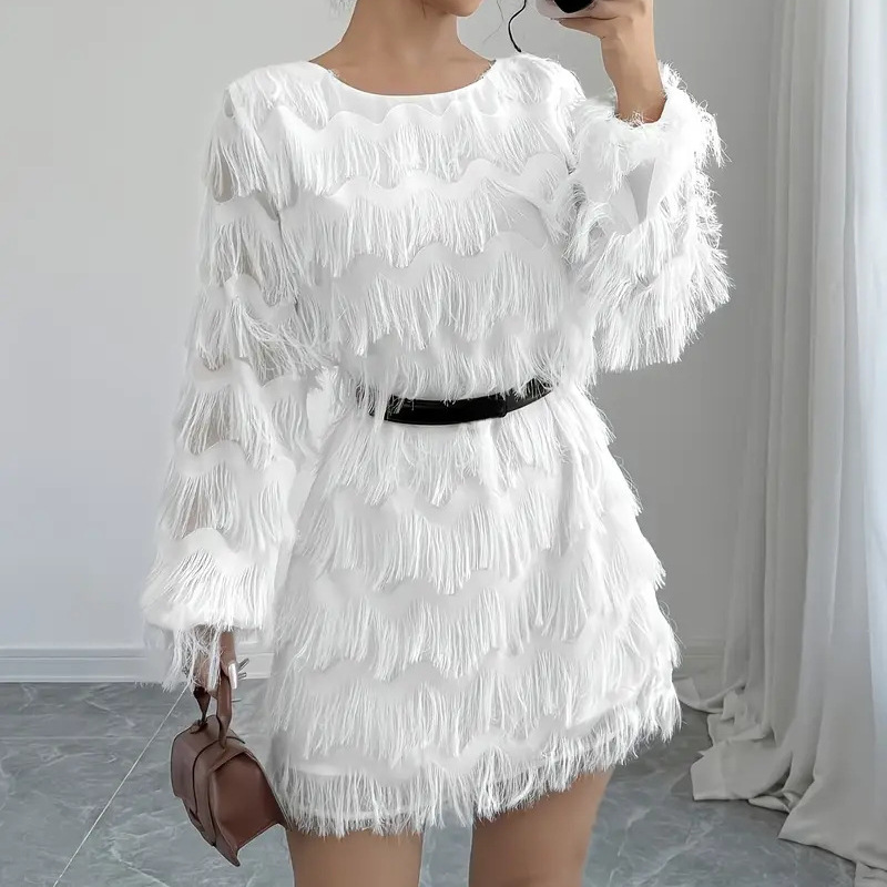 Elegant White Long Sleeve A-Line Party Dress with Lantern Sleeves