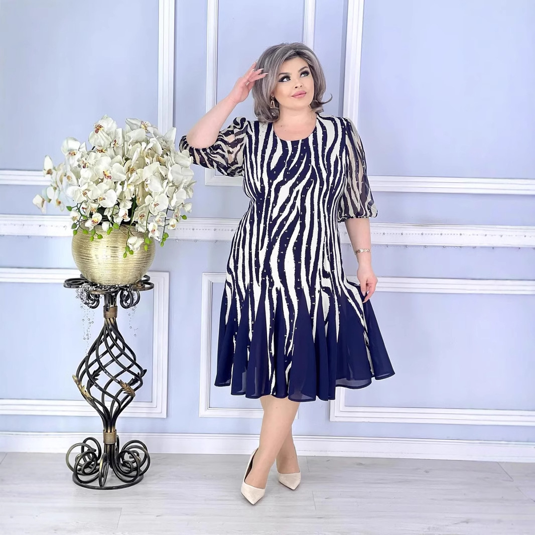 Geometric Print V-Neck A-Line Midi Dress with Half Sleeves