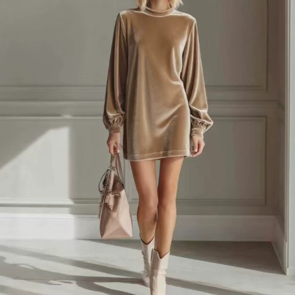 Women's Velvet Long-Sleeve Crewneck A-Line Mini Dress