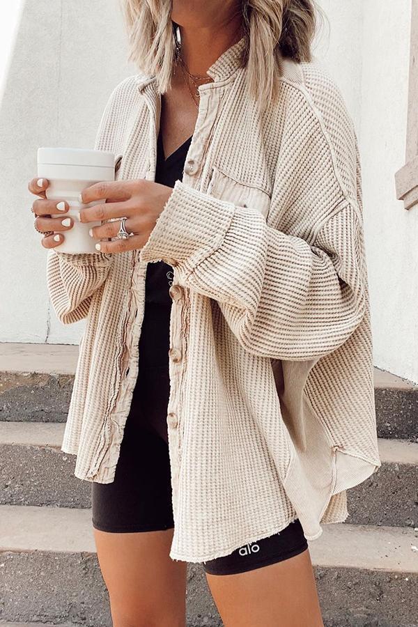 Waffle Knit Patchwork Button-Front Shirt Jacket with Pockets, Loose Fit, Multiple Colors