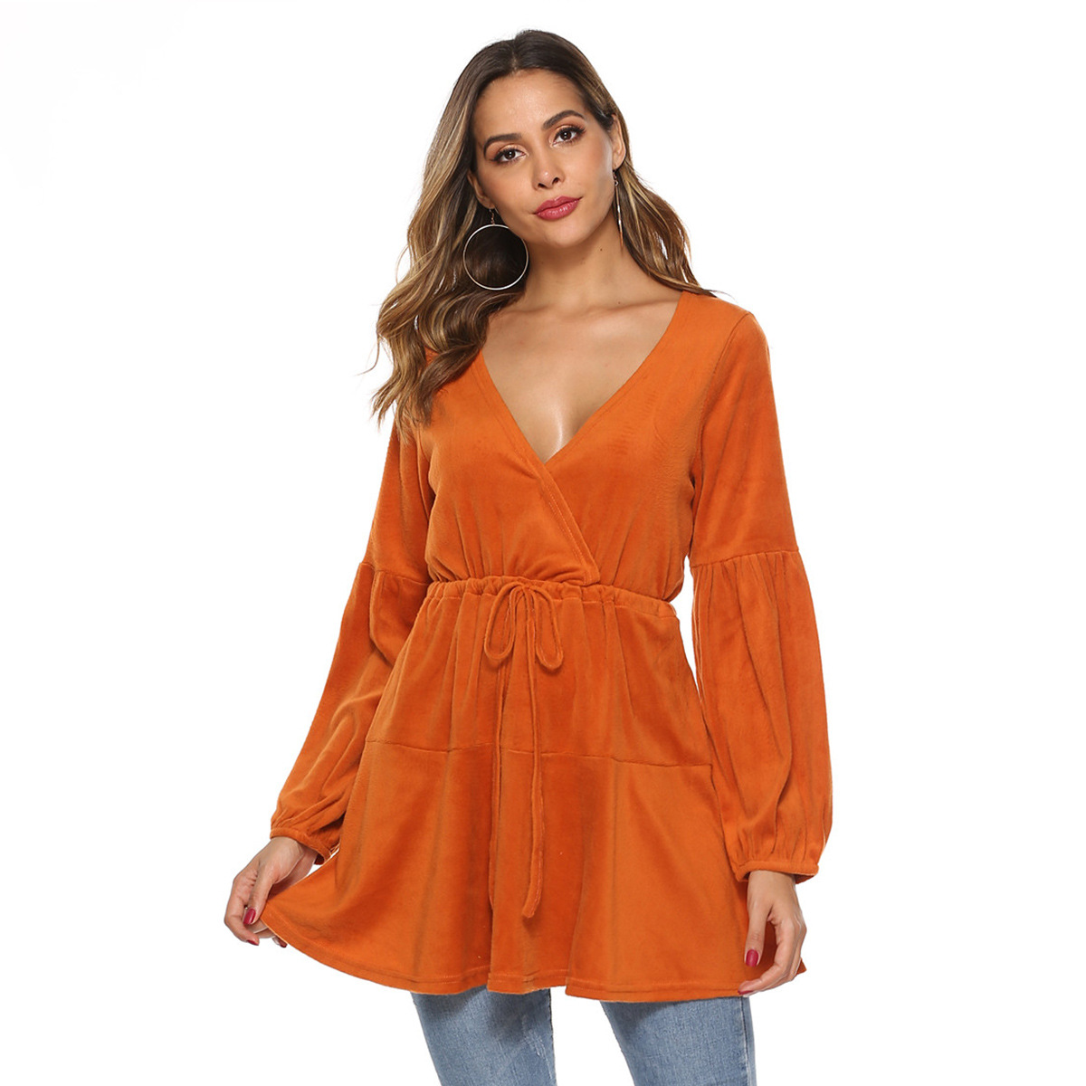 Cross V-Neck Lace-Up Waist Fuzzy Knit Dress with Long Sleeve Cardigan