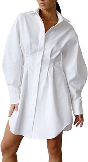 Women's Shirt Dress with Waist Tie, Slimming Long Sleeve, Retro A-Line Mini