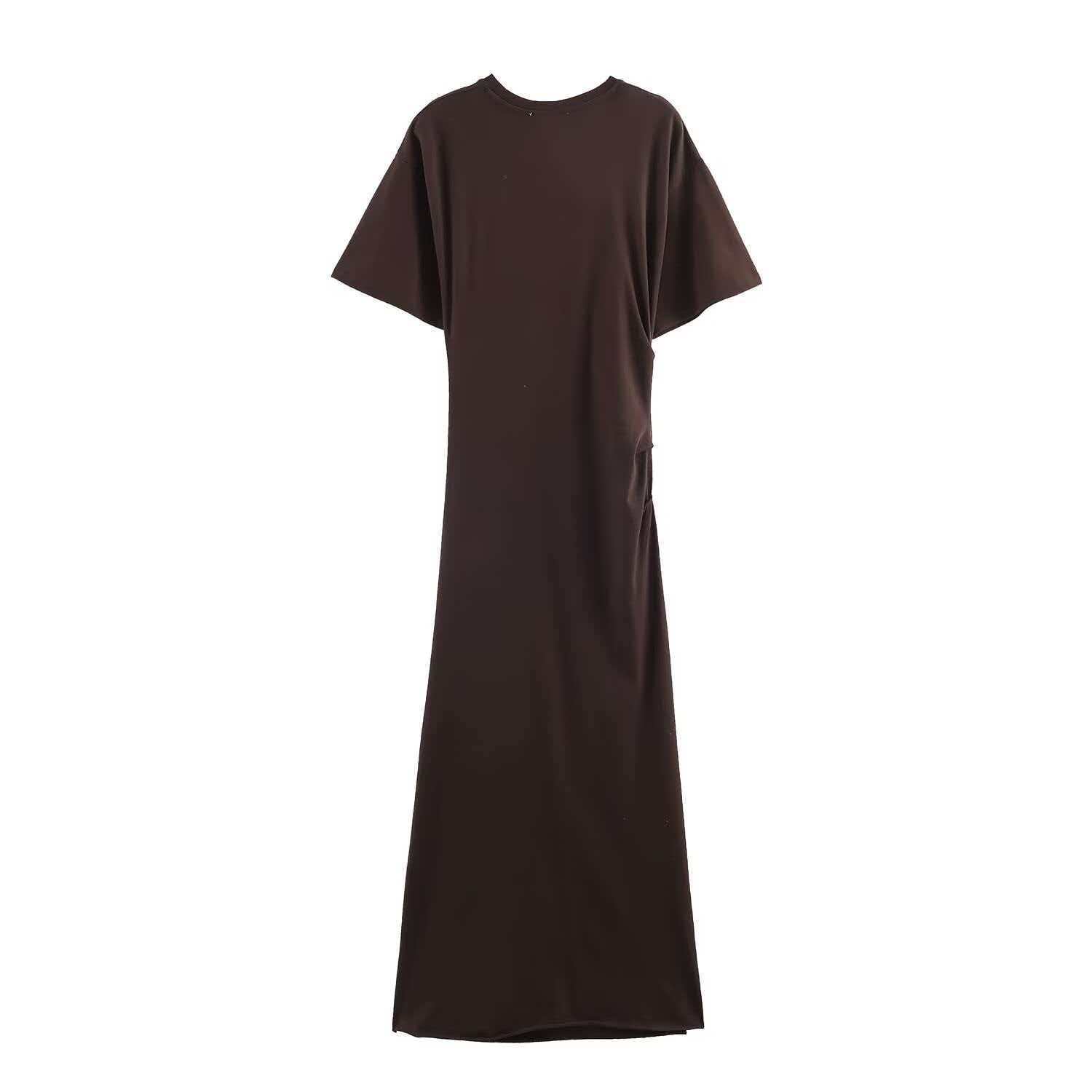 Women's Chocolate Brown Ruched Bodycon Dress Short Sleeve High Waist