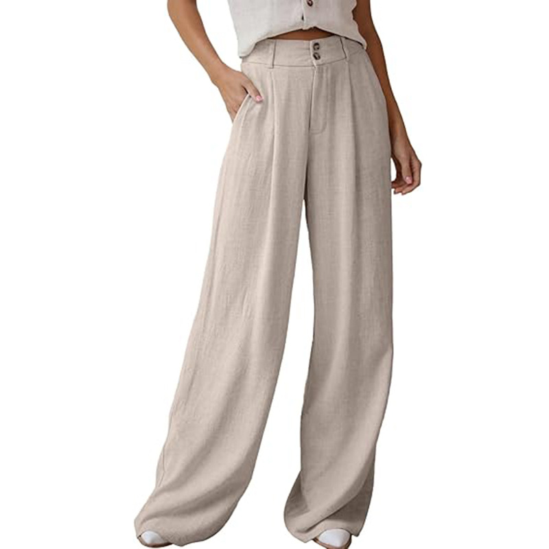 Women's Wide-Leg Cotton-Linen Pants High-Waist Flowy Straight-Leg