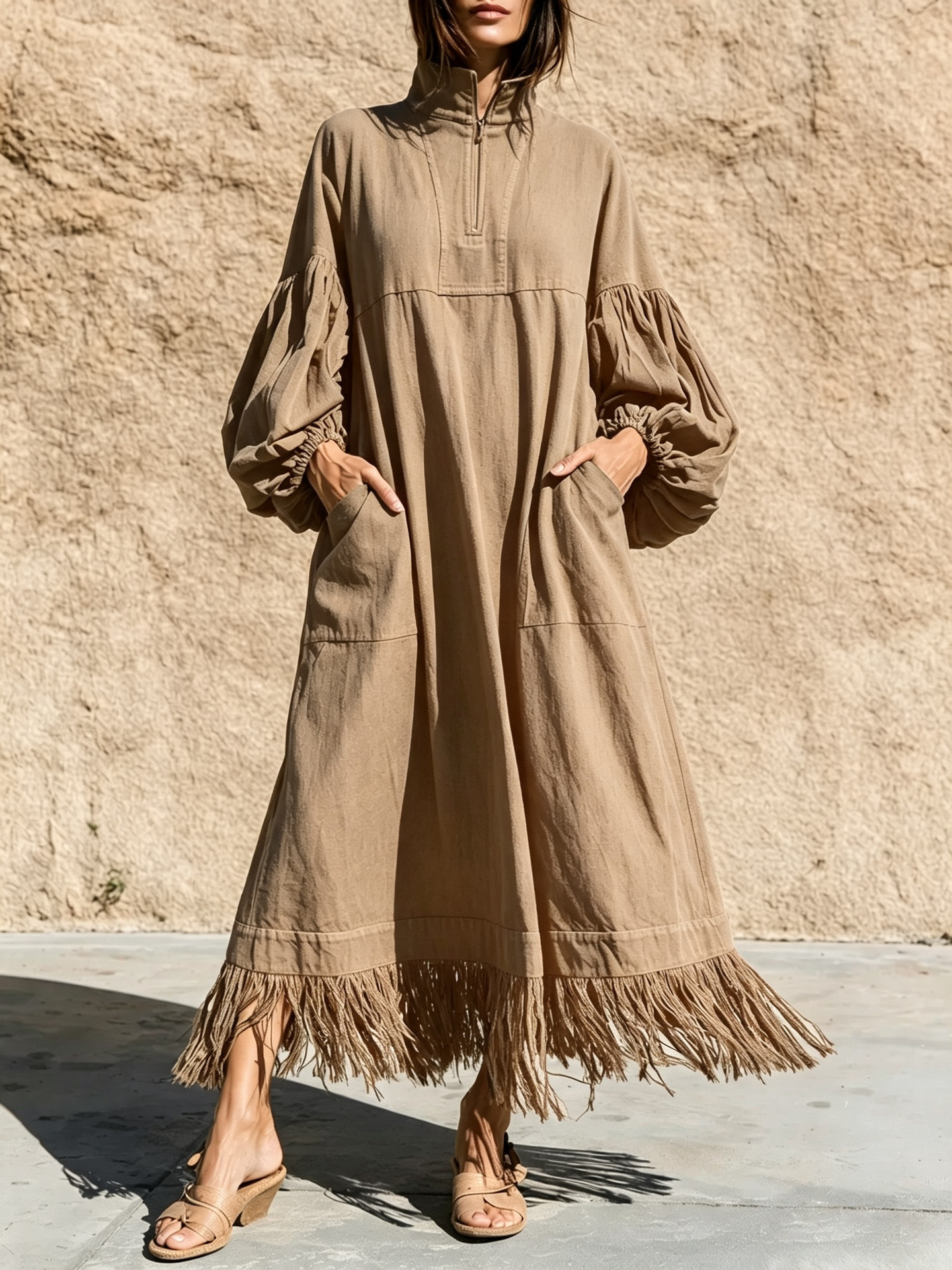 Women's Stand Collar Zip Lantern Sleeve Loose Dress with Fringe Hem