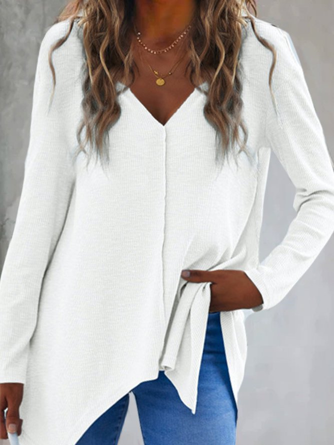 Women's V-Neck Knit Sweater Long Sleeve Loose Fit Colorblock Pullover