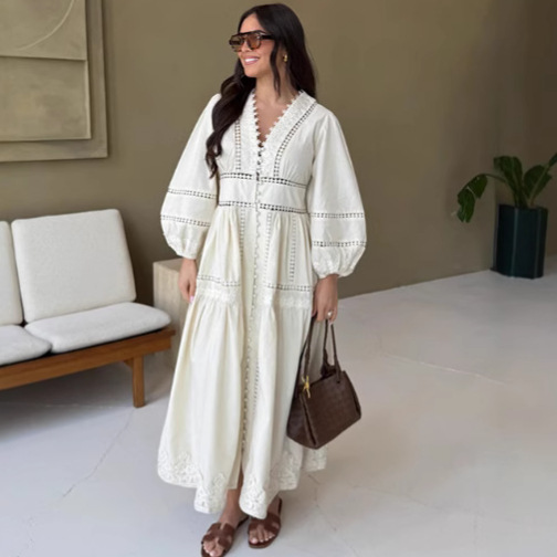 Two-Tone Embroidered Cutout Long Dress