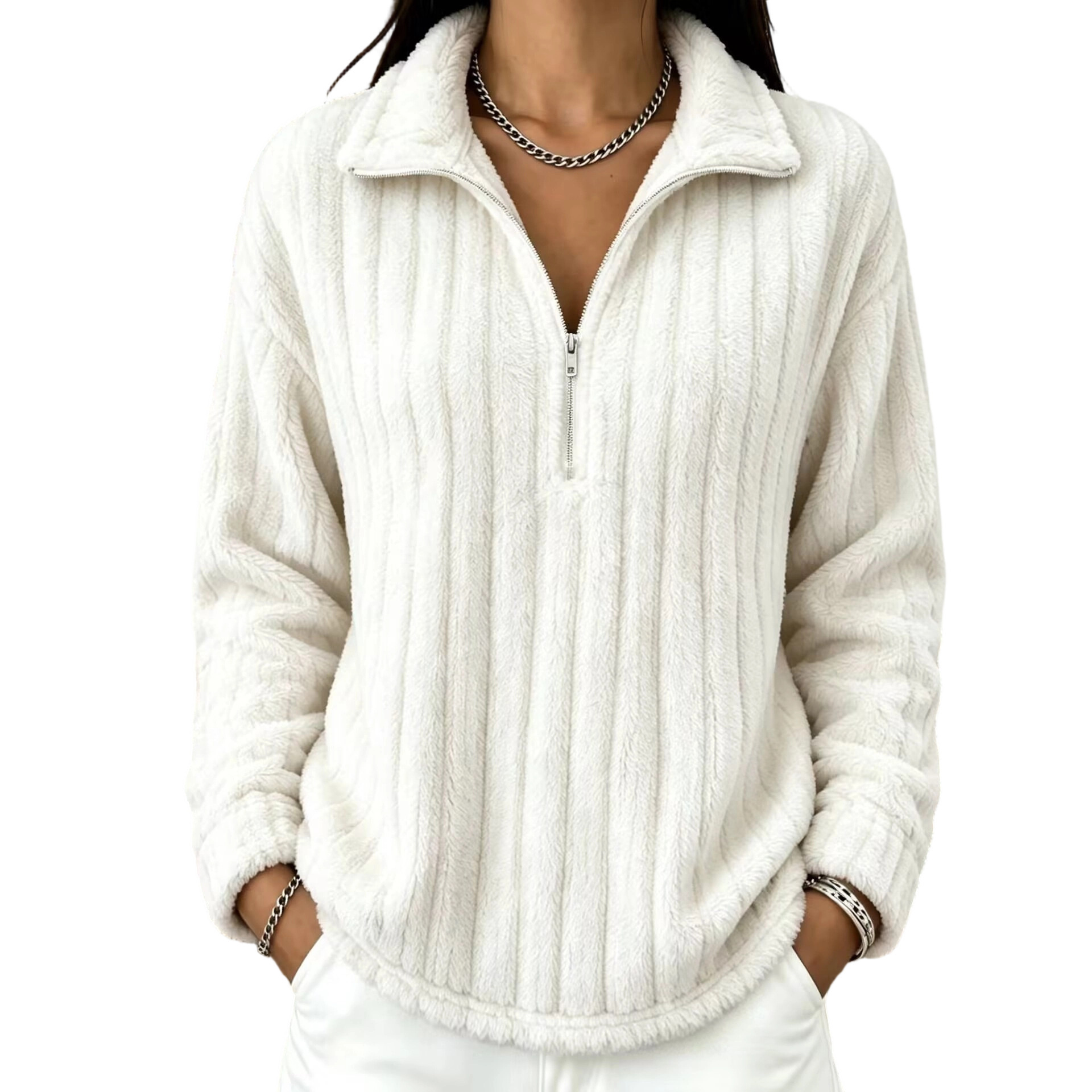 Ribbed Fleece Zip-Up Collared Long-Sleeve Sweatshirt