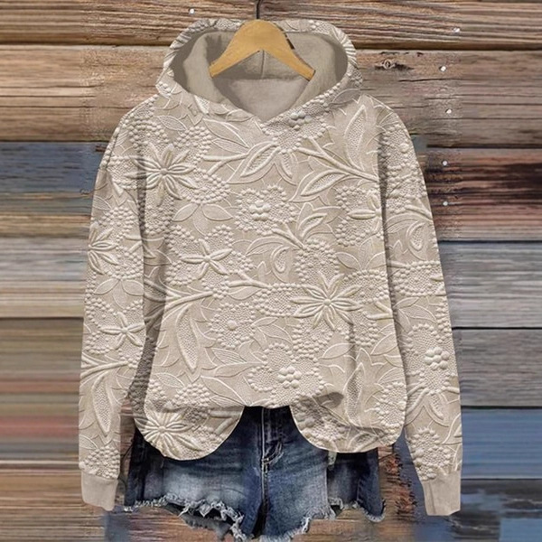 Women's Floral Print Hooded Sweatshirt Solid Color Pullover