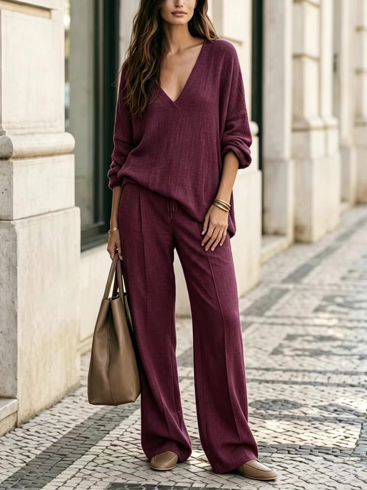Women's Casual Solid V-Neck Long-Sleeve Top and Pants Set