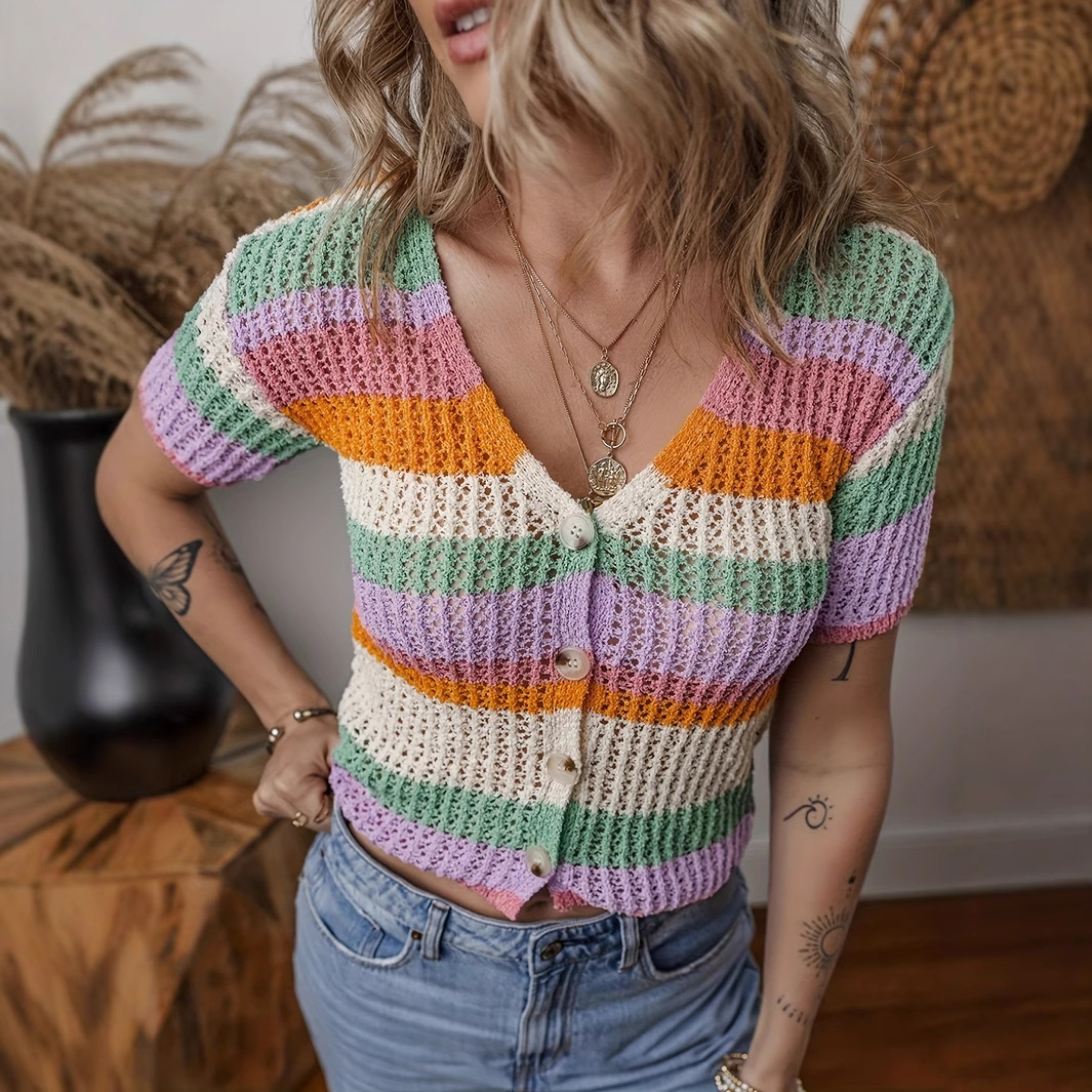 Women's Plus Size Colorblock Striped Cutout Knit Top