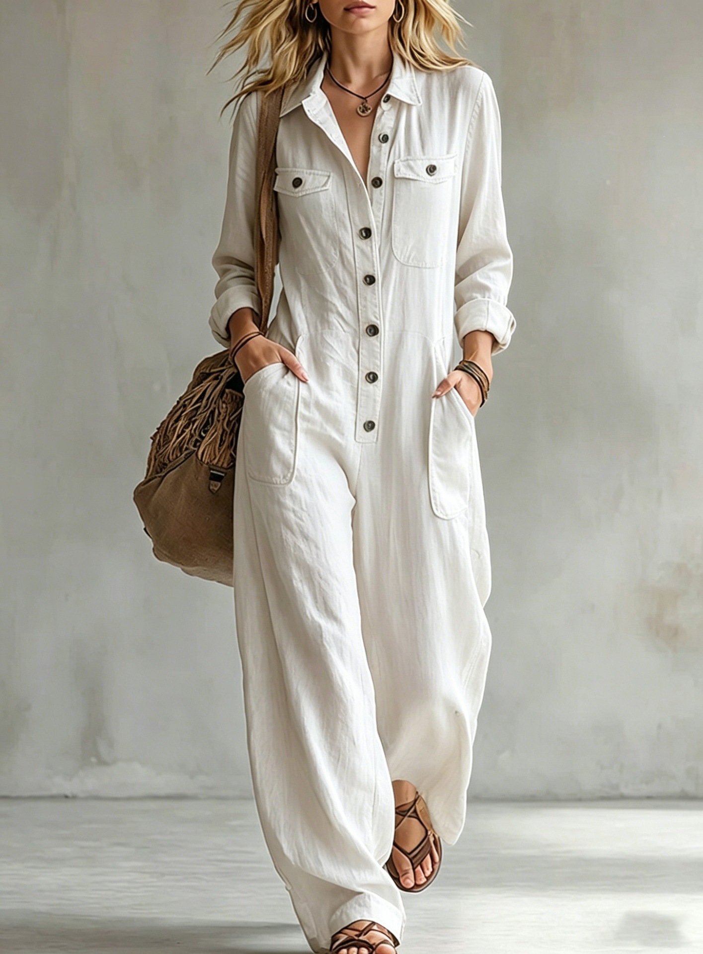 Women's Linen-Blend Cargo Jumpsuit with Collar, Long Sleeve, Wide Leg, Loose Fit