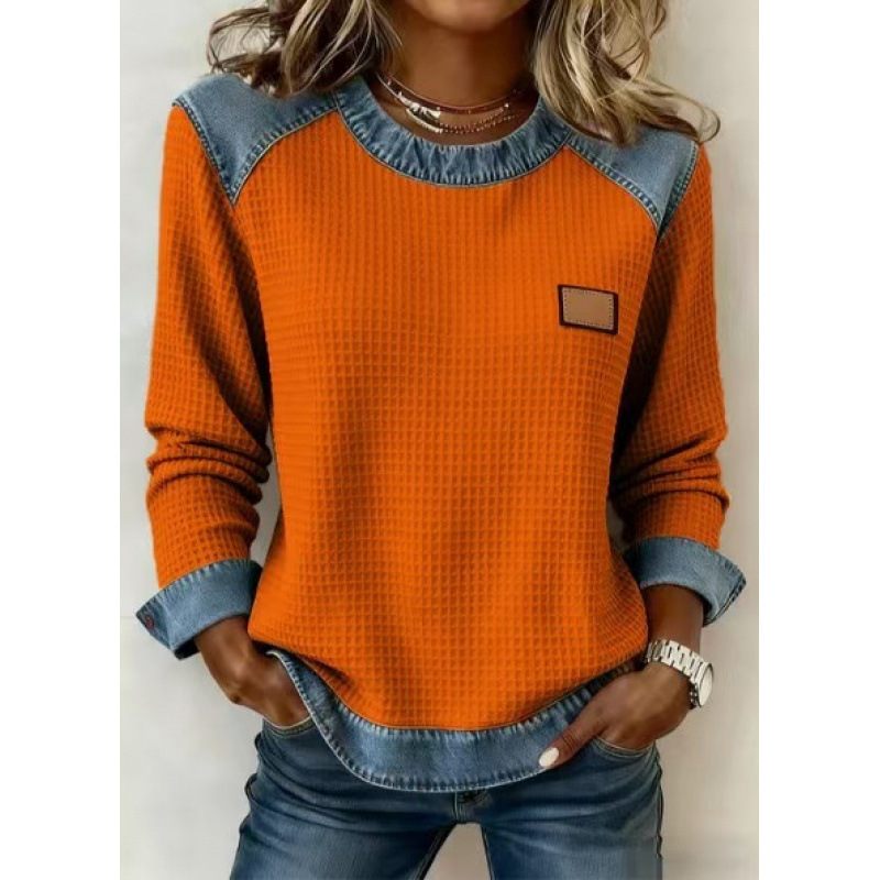 3D Print Colorblock Denim Collar Pullover Sweatshirt Women's Long Sleeve Loose Fit